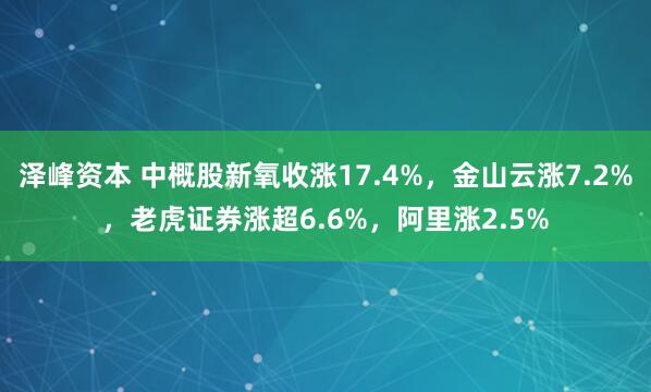 泽峰资本 中概股新氧收涨17.4%，金山云涨7.2%，老虎证券涨超6.6%，阿里涨2.5%